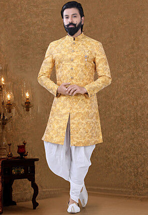 Digital Printed Art Silk Jacquard Sherwani in Yellow