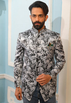 Digital Printed Art Silk Jodhpuri Jacket in Grey