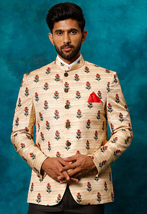 Digital Printed Art Silk Jodhpuri Jacket in Light Beige