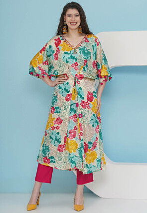 Digital Printed Art Silk Kaftan Style Kurta Set in Off White