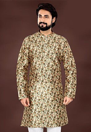 Digital Printed Art Silk Kurta in Beige