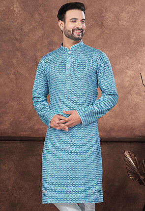 Digital Printed Art Silk Kurta in Blue and Off White
