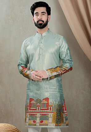 Digital Printed Art Silk Kurta in Dusty Green