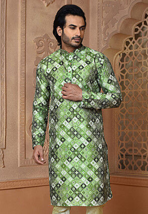 Digital Printed Art Silk Kurta in Green and Multicolor