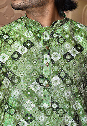Digital Printed Art Silk Kurta in Green and Multicolor
