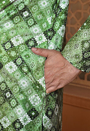 Digital Printed Art Silk Kurta in Green and Multicolor
