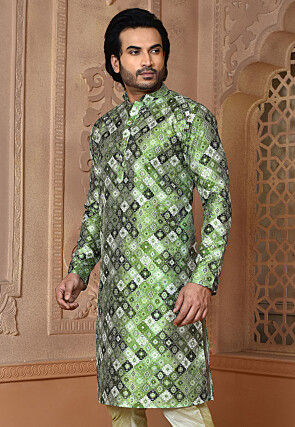 Digital Printed Art Silk Kurta in Green and Multicolor