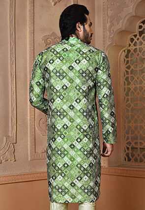 Digital Printed Art Silk Kurta in Green and Multicolor