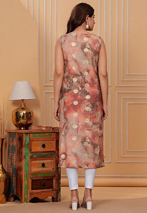 Digital Printed Art Silk Kurta in Light Brown