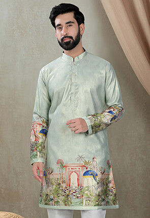 Digital Printed Art Silk Kurta in Light Green