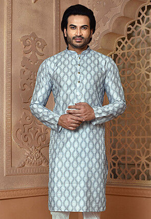 Digital Printed Art Silk Kurta in Light Grey
