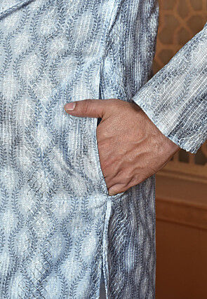 Digital Printed Art Silk Kurta in Light Grey