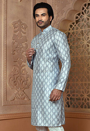 Digital Printed Art Silk Kurta in Light Grey