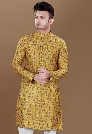 Digital Printed Art Silk Kurta in Mustard