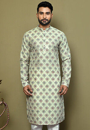 Digital Printed Art Silk Kurta in Pastel Green