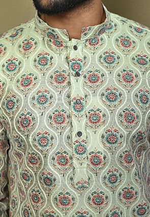 Digital Printed Art Silk Kurta in Pastel Green