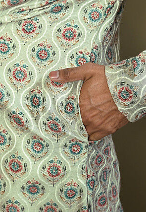 Digital Printed Art Silk Kurta in Pastel Green