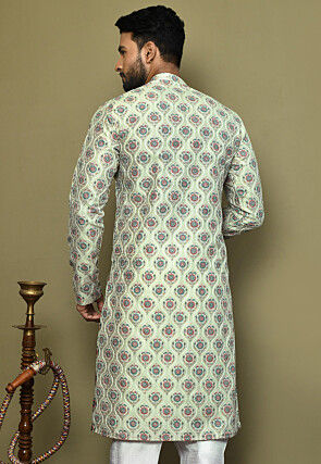Digital Printed Art Silk Kurta in Pastel Green