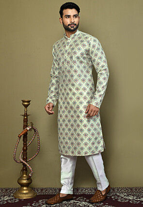 Digital Printed Art Silk Kurta in Pastel Green