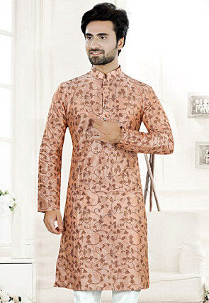 Digital Printed Art Silk Kurta in Peach