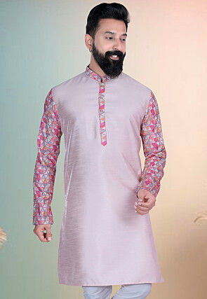 Digital Printed Art Silk Kurta in Pink