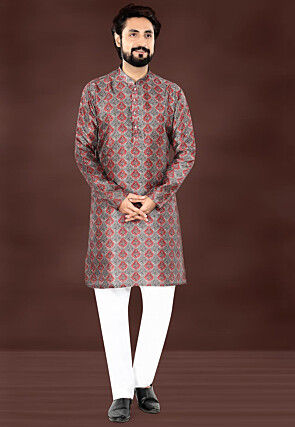 Digital Printed Art Silk Kurta in Red and Grey