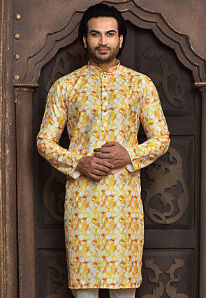 Digital Printed Art Silk Kurta in Yellow and Off White