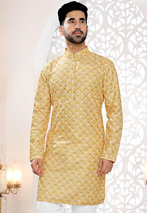 Digital Printed Art Silk Kurta in Yellow