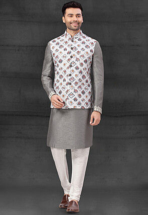 Digital Printed Art Silk Kurta Jacket Set in Grey