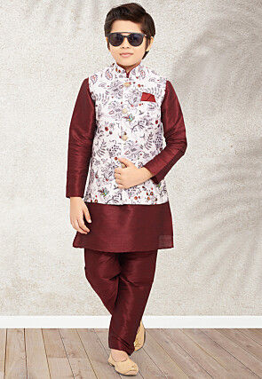 Digital Printed Art Silk Kurta Jacket Set in Maroon and White