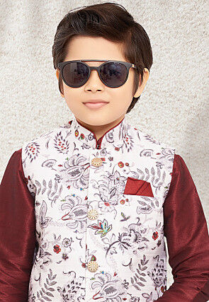 Digital Printed Art Silk Kurta Jacket Set in Maroon and White