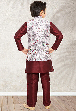 Digital Printed Art Silk Kurta Jacket Set in Maroon and White