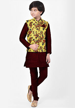 Digital Printed Art Silk Kurta Jacket Set in Maroon and Yellow