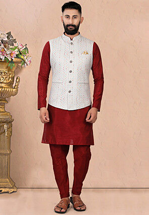 Red kurta white best sale pajama with jacket
