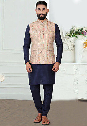 Digital Printed Art Silk Kurta Jacket Set in Navy Blue and Beige