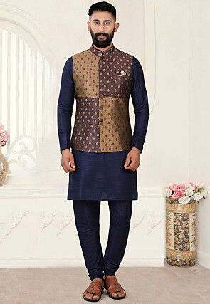 Digital Printed Art Silk Kurta Jacket Set in Navy Blue and Brown