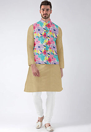 Digital Printed Art Silk Kurta Set in Beige and Multicolor