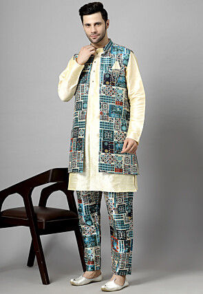 Digital Printed Raw Silk Sherwani in Multicolor and Beige