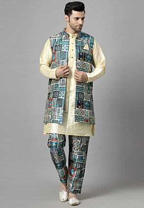 Digital Printed Raw Silk Sherwani in Multicolor and Beige