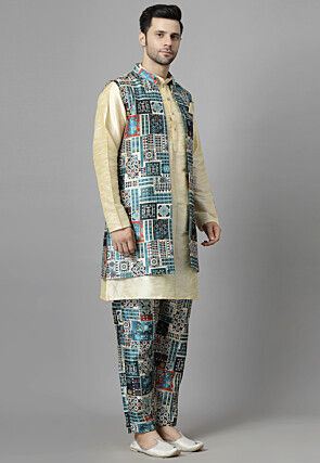 Digital Printed Raw Silk Sherwani in Multicolor and Beige