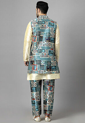 Digital Printed Raw Silk Sherwani in Multicolor and Beige