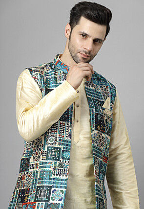 Digital Printed Raw Silk Sherwani in Multicolor and Beige