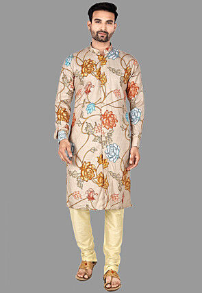 Digital Printed Art Silk Kurta Set in Beige