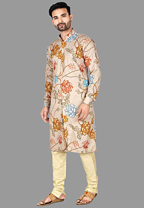 Digital Printed Art Silk Kurta Set in Beige
