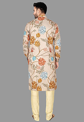 Digital Printed Art Silk Kurta Set in Beige