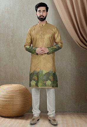 Digital Printed Art Silk Kurta Set in Beige