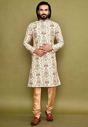 Digital Printed Art Silk Kurta Set in Beige
