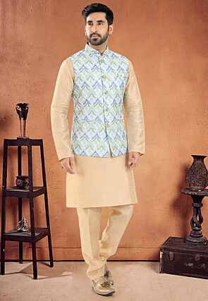 Digital Printed Art Silk Kurta Set in Beige