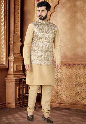 Digital Printed Art Silk Kurta Set in Beige