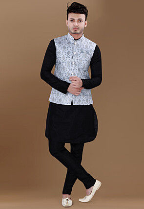 Digital Printed Art Silk Kurta Set in Black and Light Blue